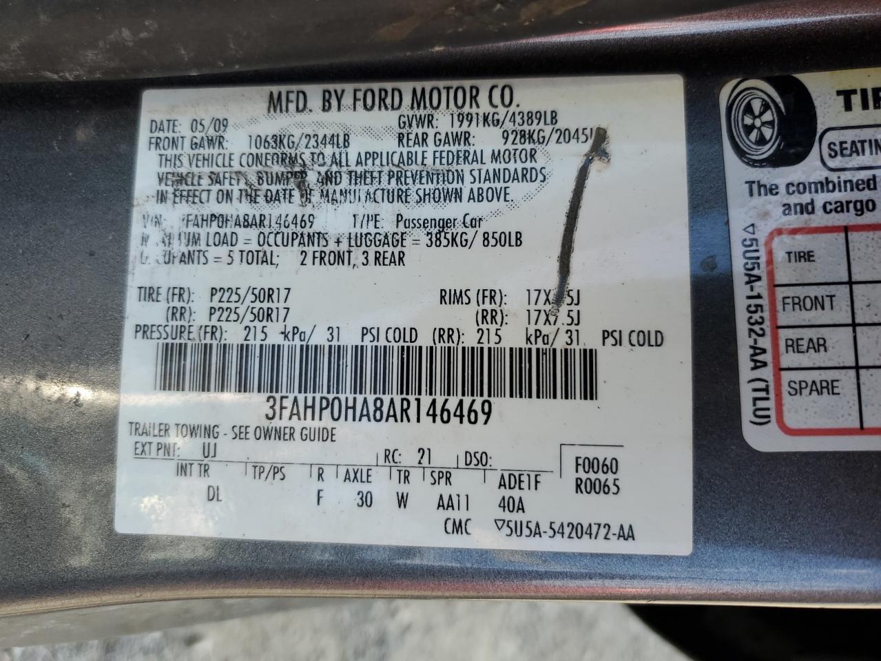 3FAHP0HA8AR146469 2010 Ford Fusion Se