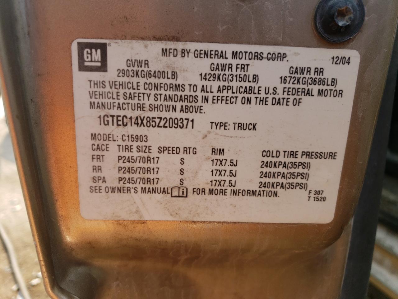 1GTEC14X85Z209371 2005 GMC New Sierra C1500