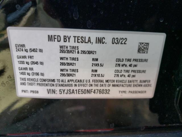 2022 Tesla Model S VIN: 5YJSA1E50NF476032 Lot: 68821033