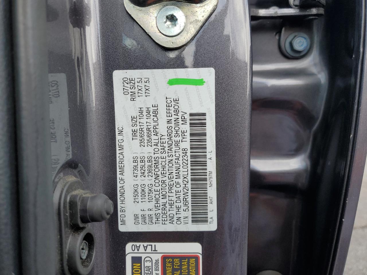 5J6RW2H2XLL022348 2020 Honda Cr-V Lx