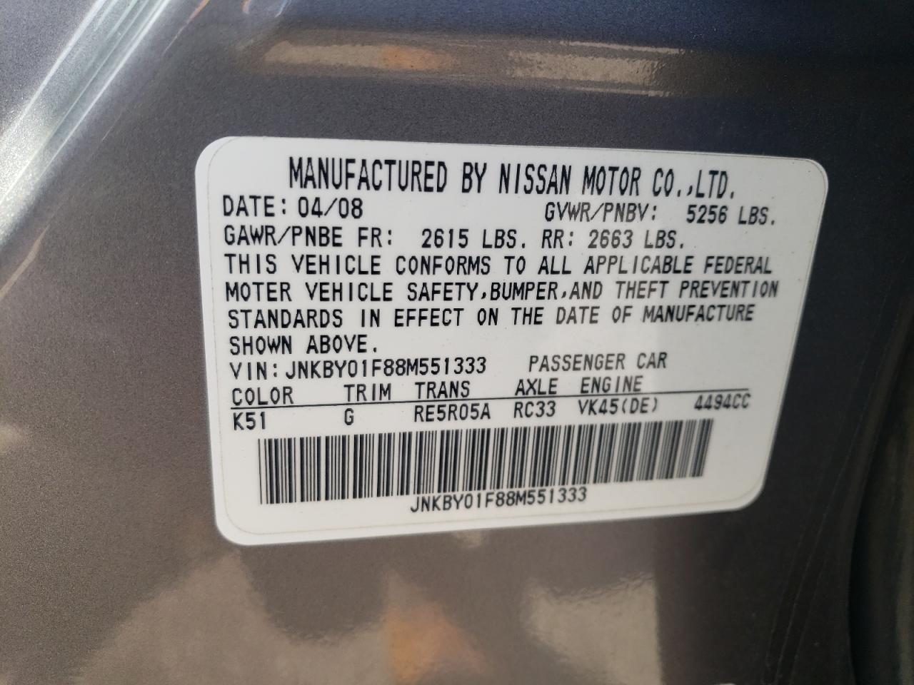 JNKBY01F88M551333 2008 Infiniti M45