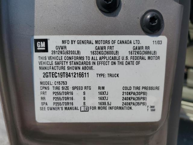 2004 GMC New Sierra C1500 VIN: 2GTEC19T841216611 Lot: 70161273