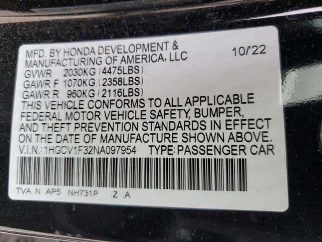  HONDA ACCORD 2022 Чорний