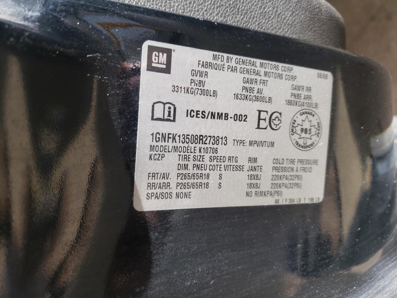 1gnfk13508r273813 1GNFK13508R273813 2008 Chevrolet Tahoe K1500 Hybrid