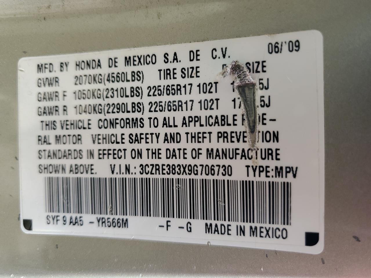 3CZRE383X9G706730 2009 Honda Cr-V Lx