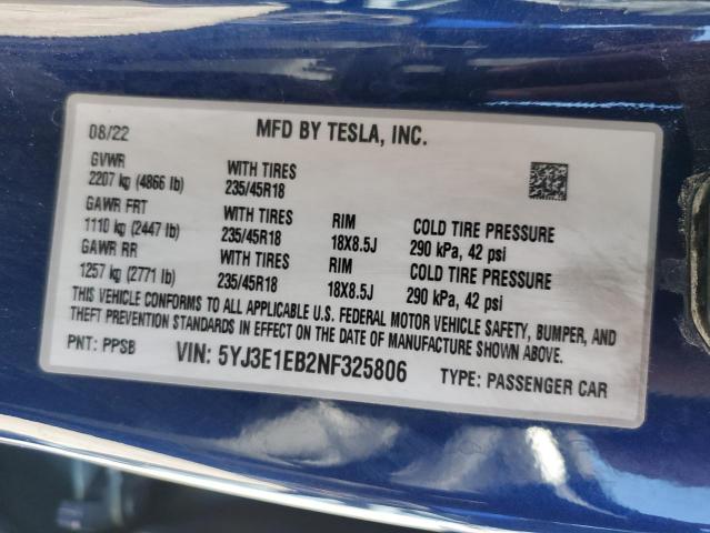 5YJ3E1EB2NF325806 | 2022 TESLA MODEL 3