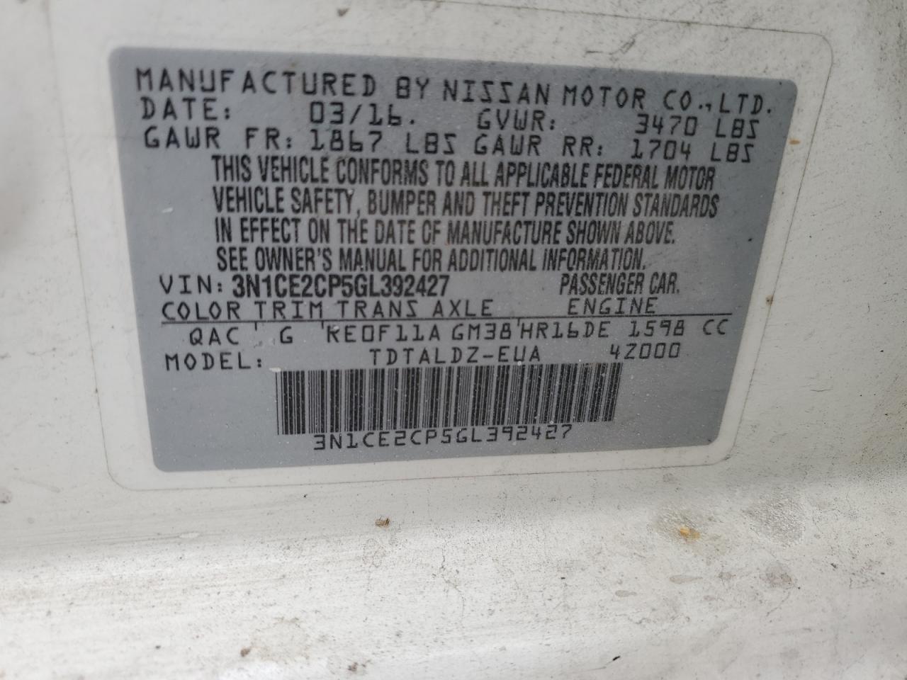 3N1CE2CP5GL392427 2016 Nissan Versa Note S/S Plus/Sv/Sr/Sl