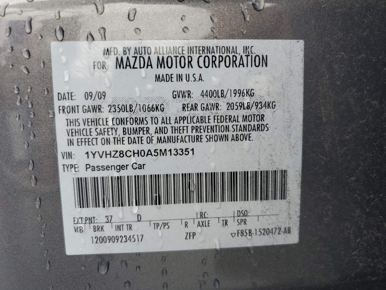 1YVHZ8CH0A5M13351 2010 Mazda 6 I