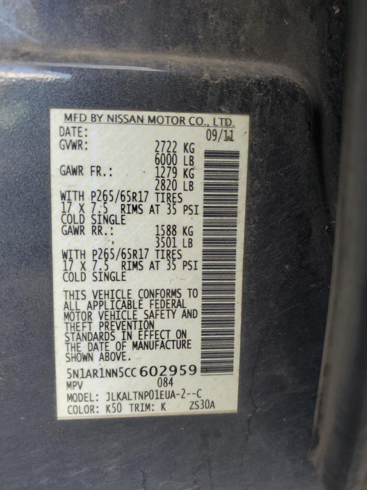 5N1AR1NN5CC602959 2012 Nissan Pathfinder S