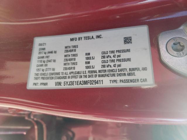5YJ3E1EA3MF029411 Tesla MODEL 3