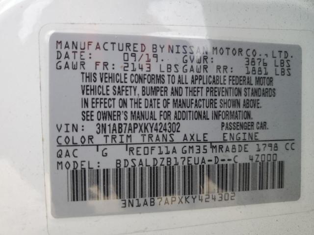 3N1AB7APXKY424302 Nissan SENTRA S