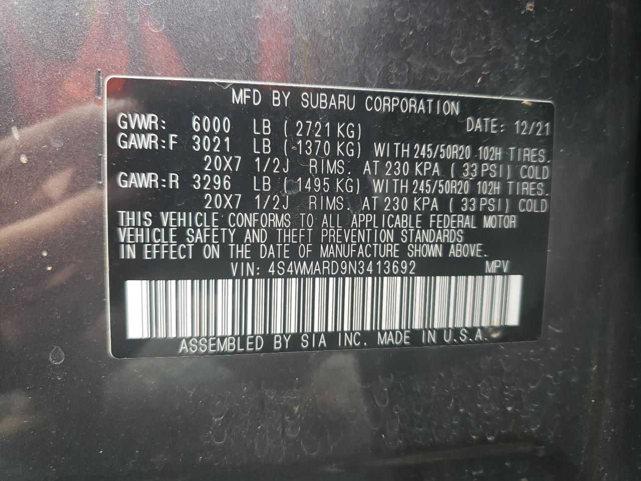 4S4WMARD9N3413692 2022 Subaru Ascent Touring