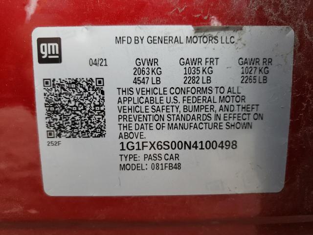 1G1FX6S00N4100498 Chevrolet Bolt EV 2L 10