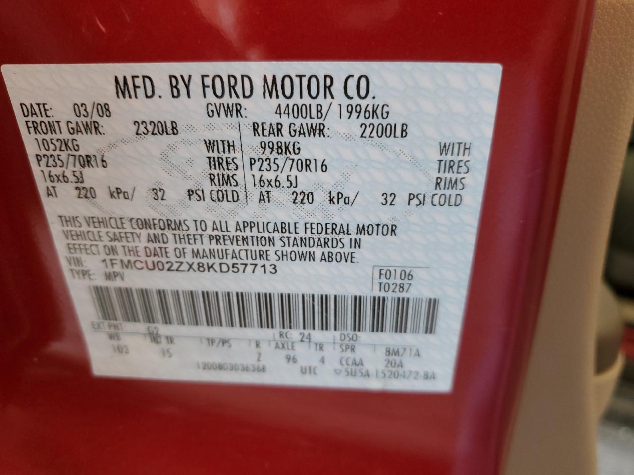 1FMCU02ZX8KD57713 2008 Ford Escape Xls