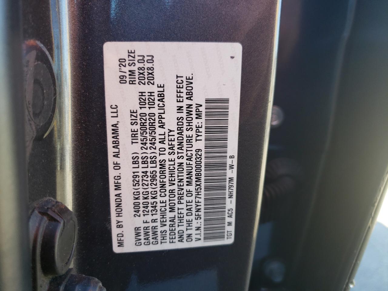 5FNYF7H5XMB000329 2021 Honda Passport Exl