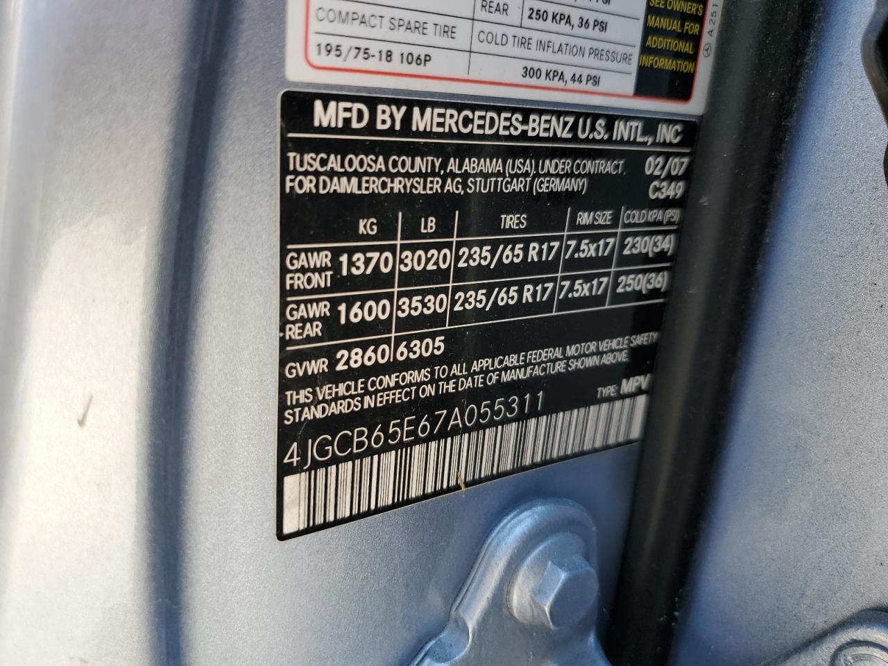 4JGCB65E67A055311 2007 Mercedes-Benz R 350