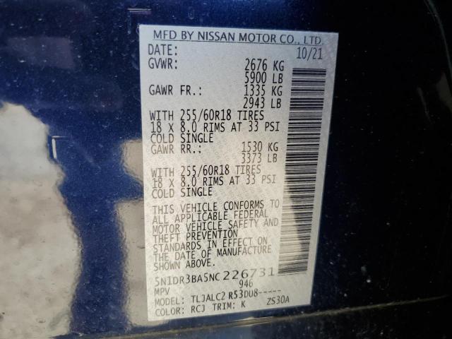 5N1DR3BA5NC226731 Nissan Pathfinder Sv