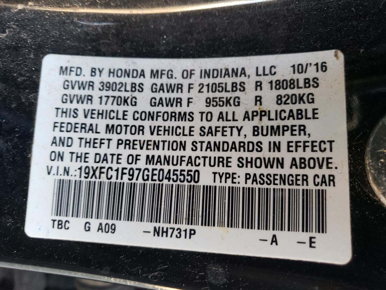 19XFC1F97GE045550 2016 Honda Civic Touring