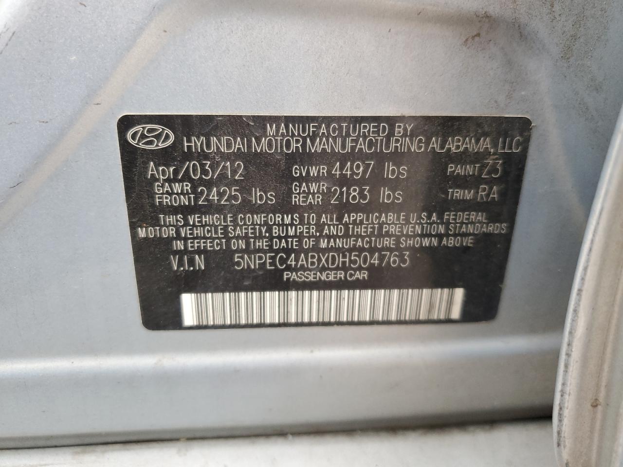 5NPEC4ABXDH504763 2013 Hyundai Sonata Se