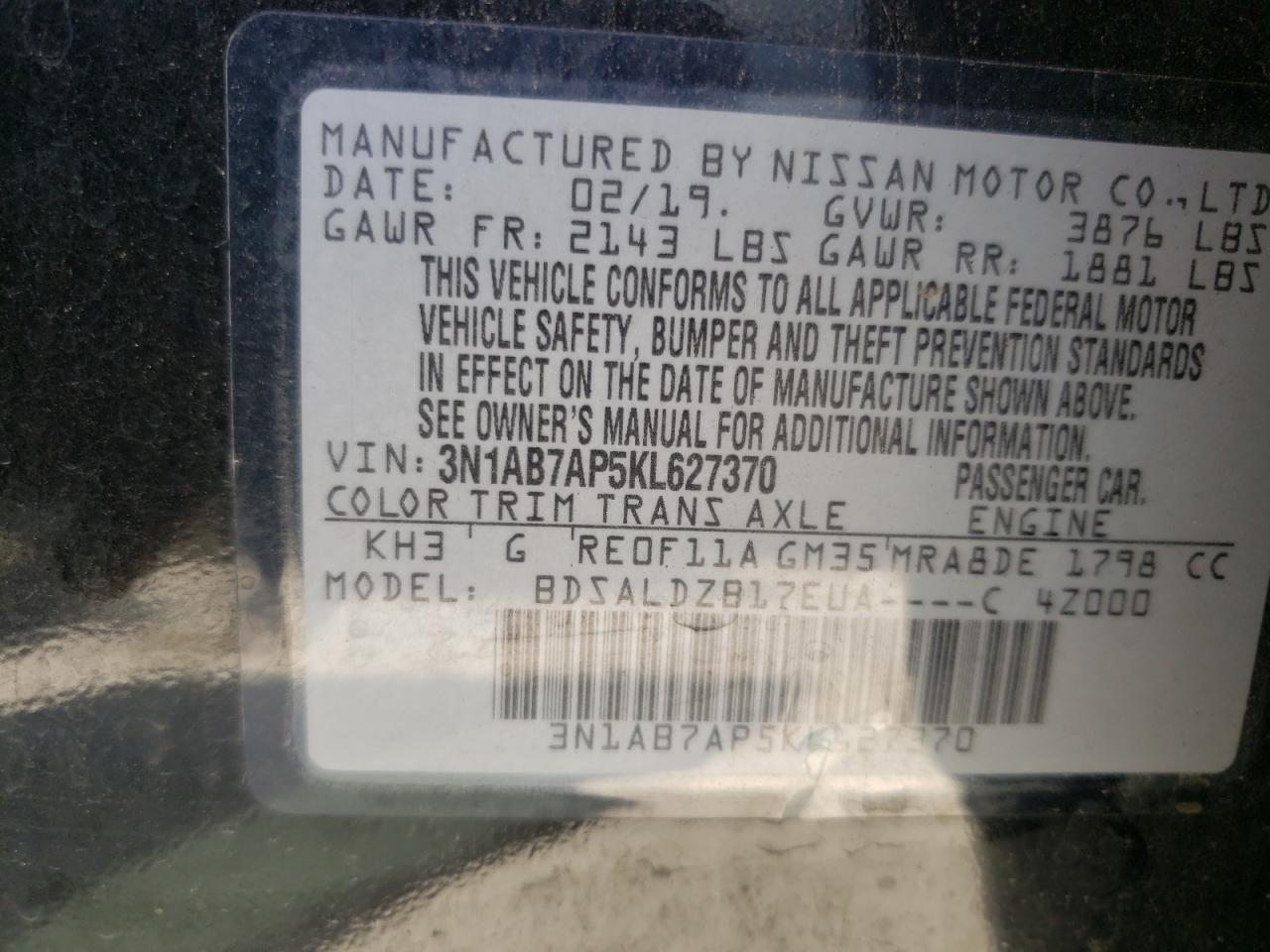 VIN: 3N1AB7AP5KL627370 2019 NISSAN SENTRA
