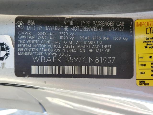 VIN: WBAEK13597CN81937 Auction: COPART Lot: 67999543 Location: FL - PUNTA GORDA SOUTH WBAEK13597CN81937 BMW 6 SERIES 2007 SILVER Photo 12