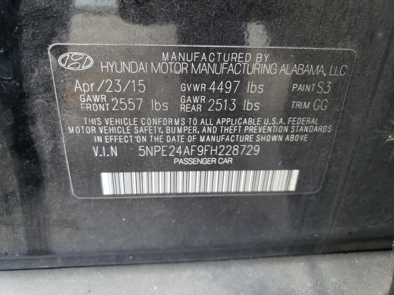 5NPE24AF9FH228729 2015 Hyundai Sonata Se