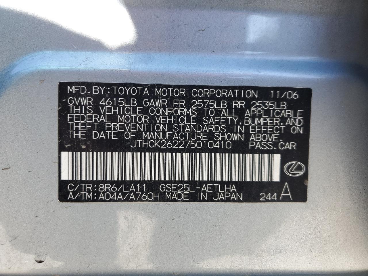 JTHCK262275010410 2007 Lexus Is 250