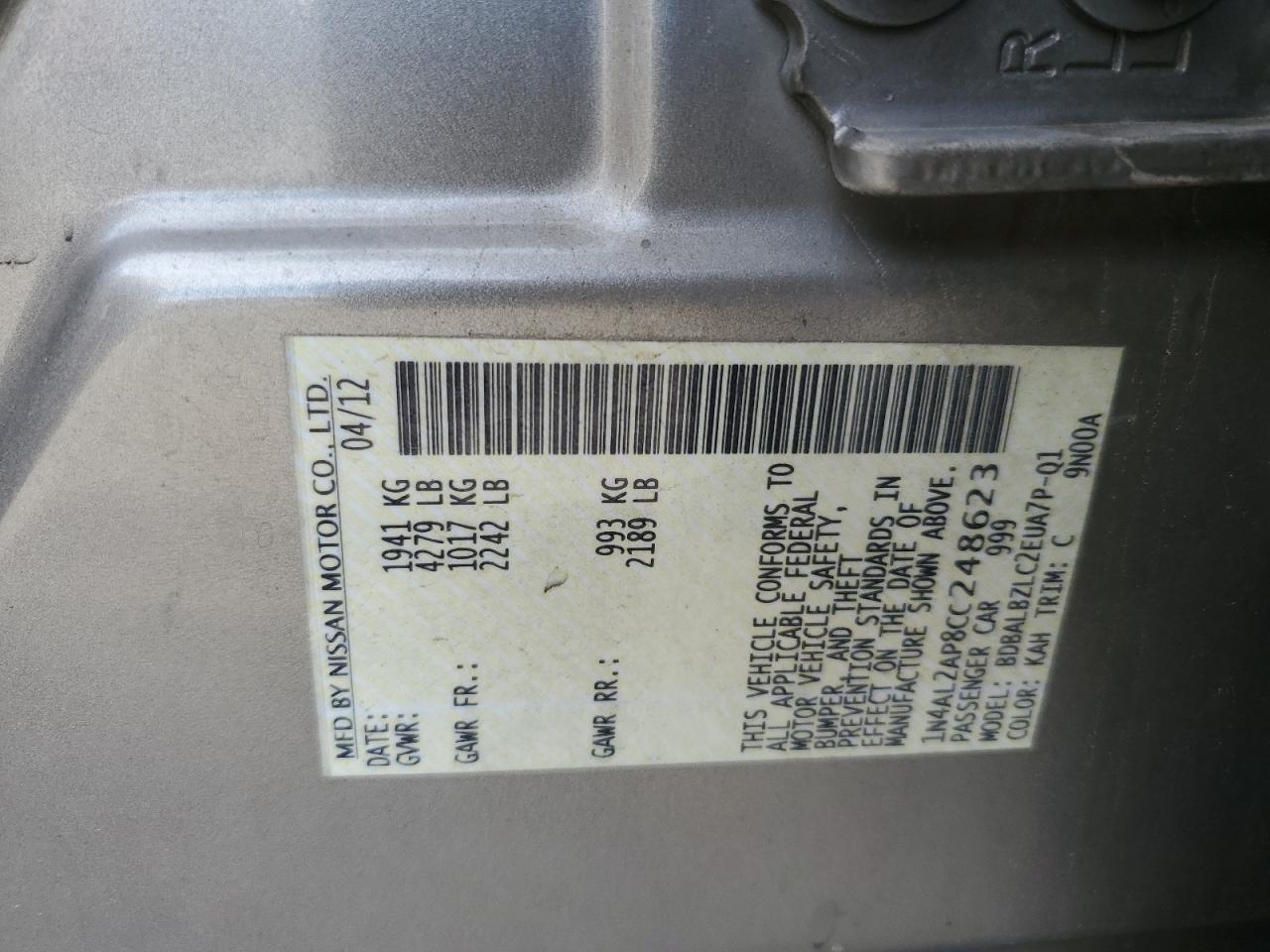 2012 Nissan Altima Base vin: 1N4AL2AP8CC248623