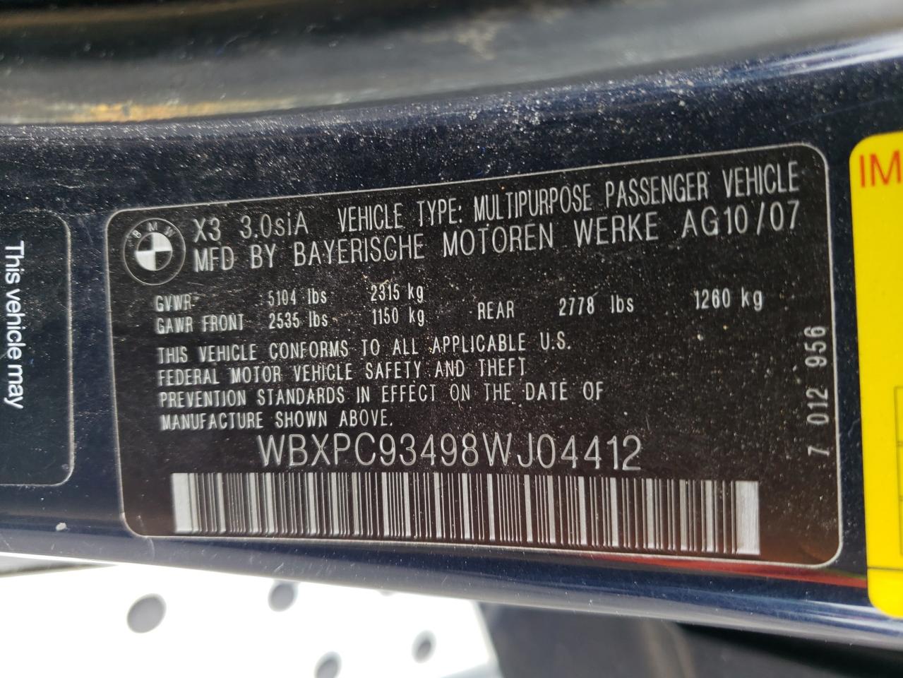 WBXPC93498WJ04412 2008 BMW X3 3.0Si