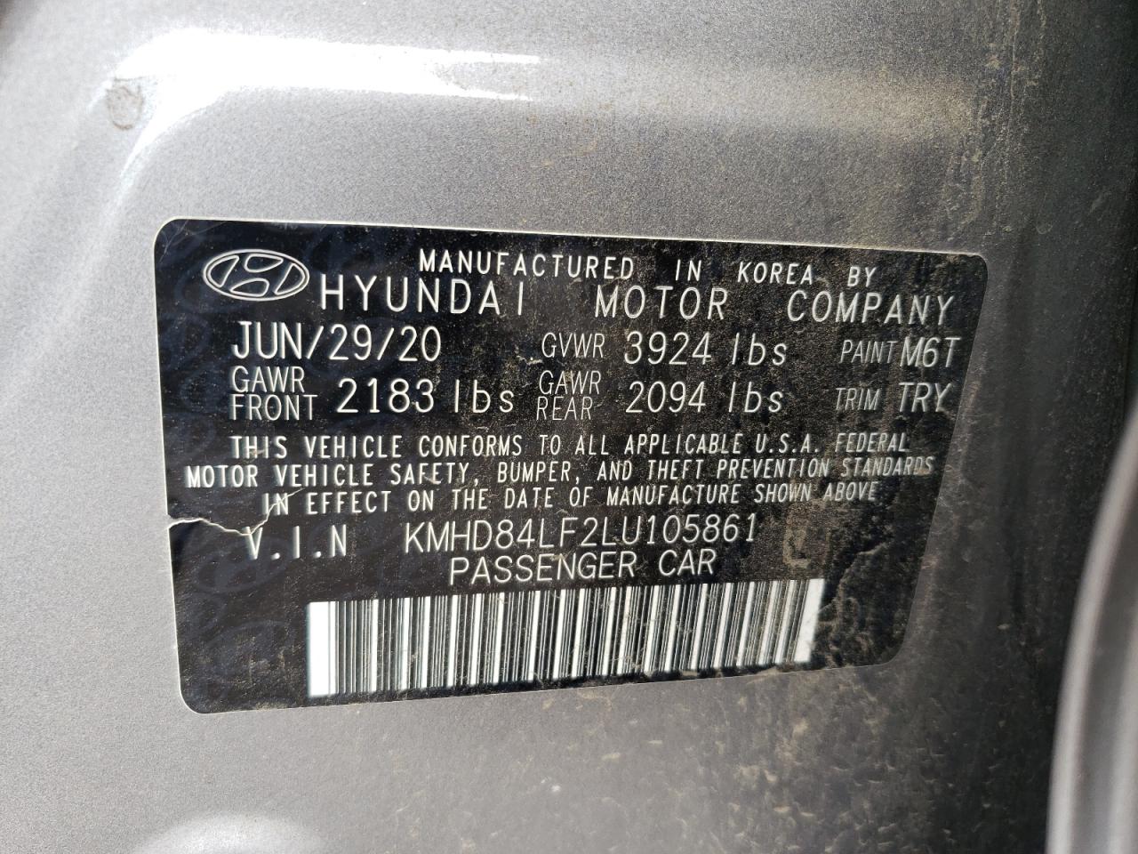 2020 Hyundai Elantra Sel vin: KMHD84LF2LU105861