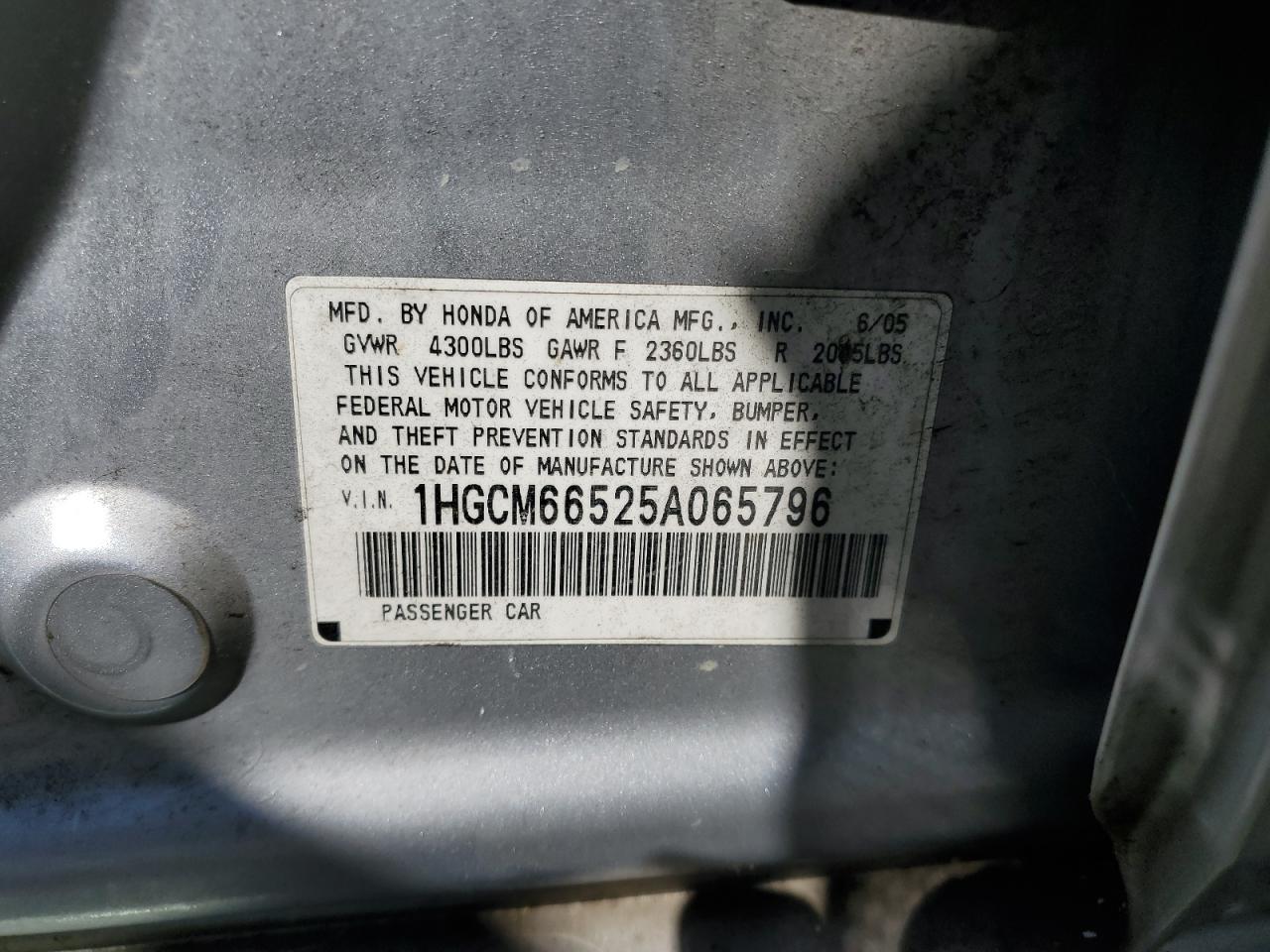 1HGCM66525A065796 2005 Honda Accord Ex