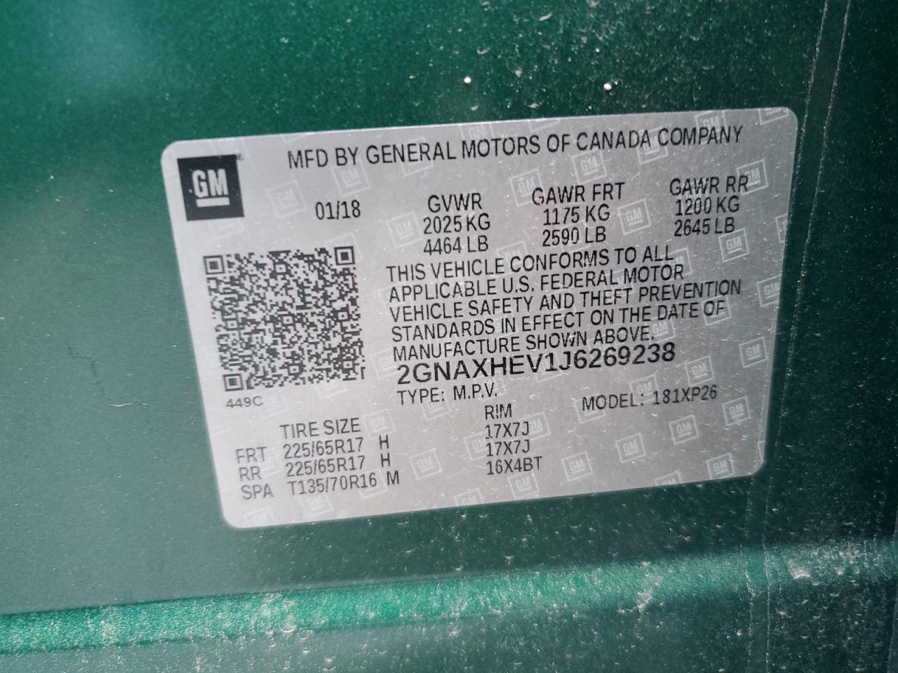 VIN: 2GNAXHEV1J6269238 2018 CHEVROLET EQUINOX