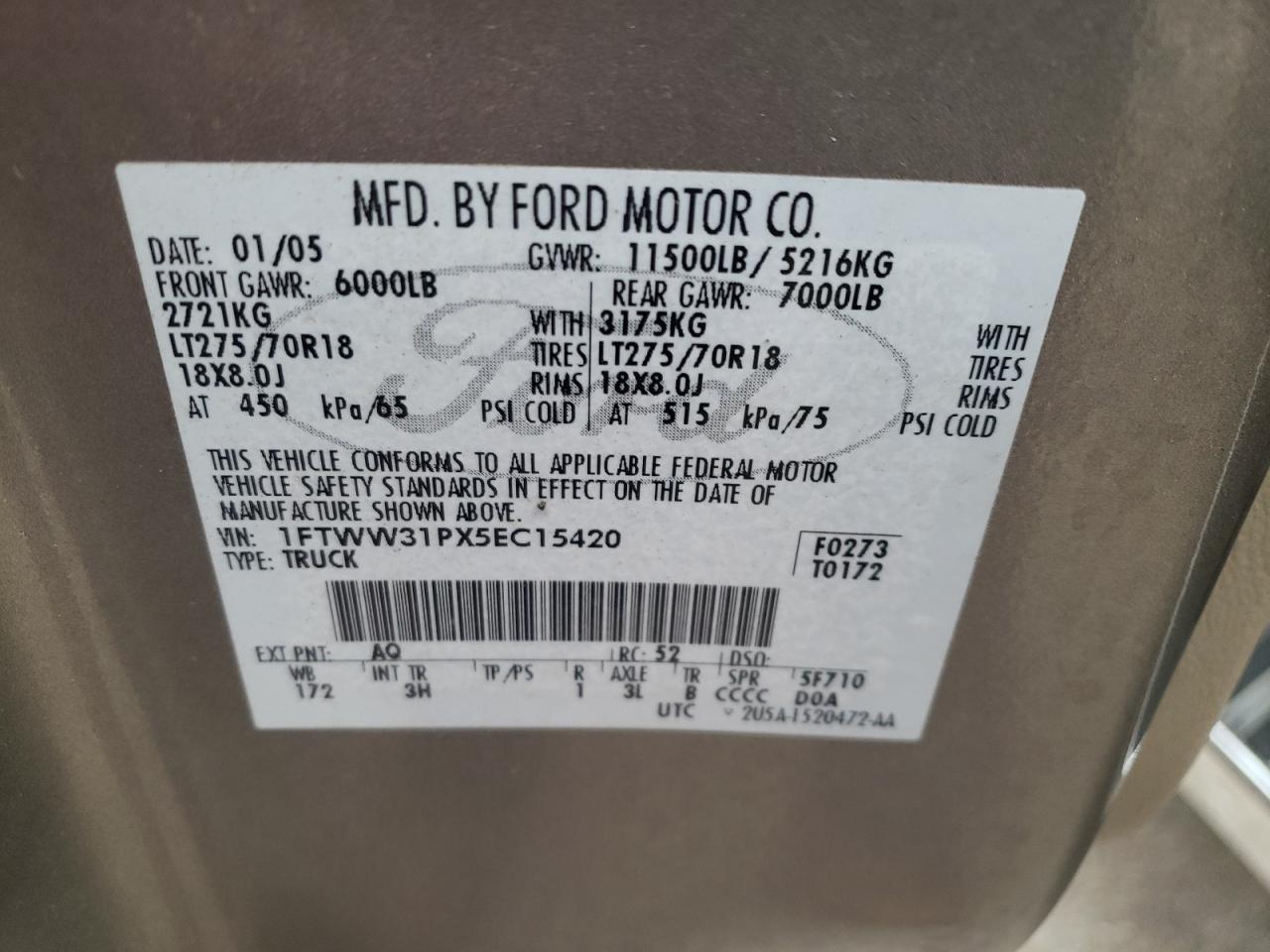 1FTWW31PX5EC15420 2005 Ford F350 Srw Super Duty