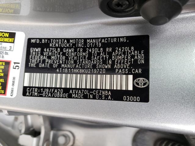 4T1B11HK8KU219720 | 2019 TOYOTA CAMRY L