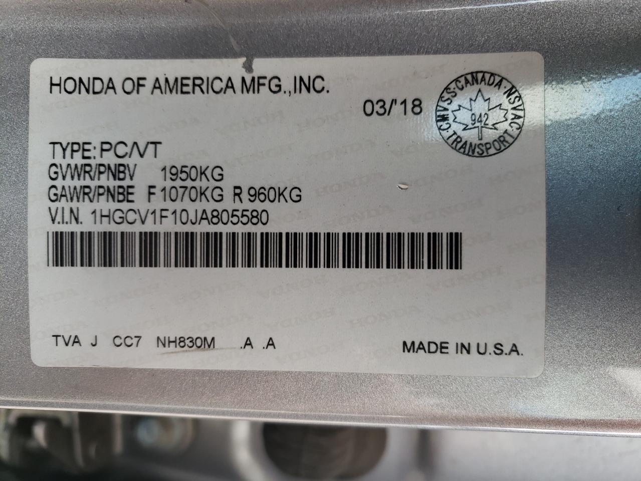 1HGCV1F10JA805580 2018 Honda Accord Lx