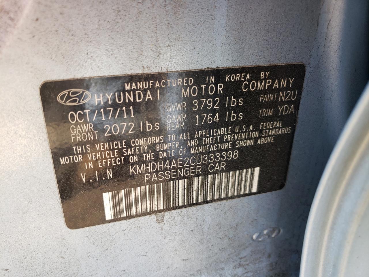 2012 Hyundai Elantra Gls vin: KMHDH4AE2CU333398