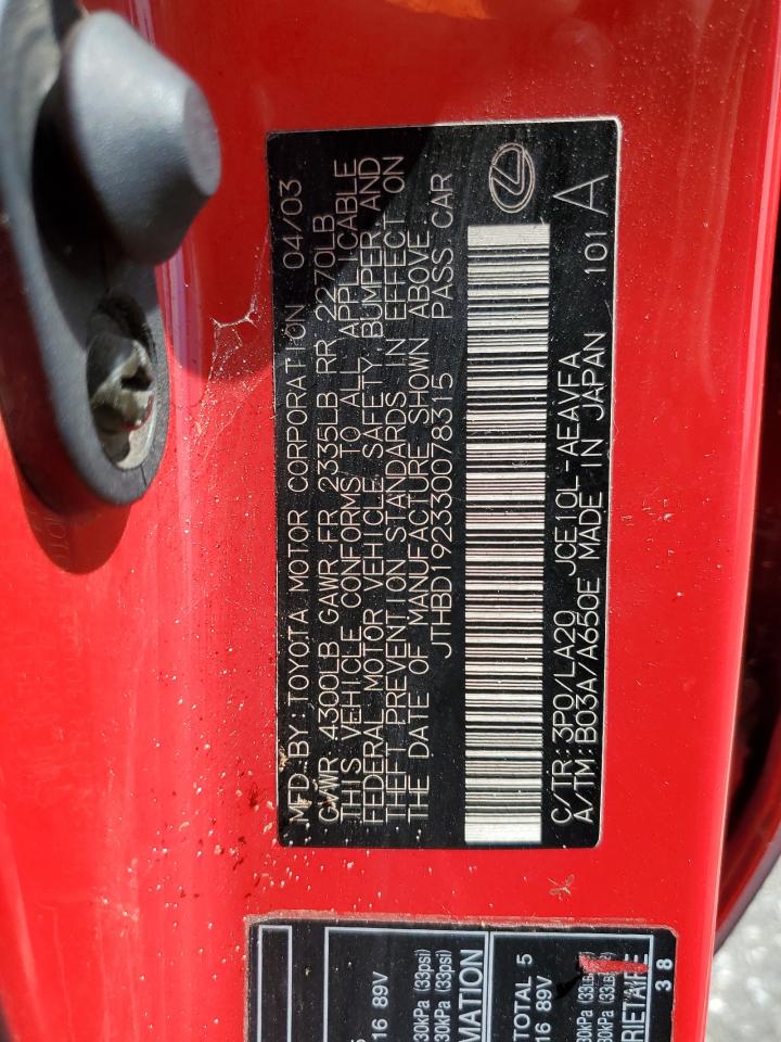 jthbd192330078315 JTHBD192330078315 2003 Lexus Is 300