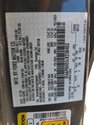 VIN 3FA6P0HD5LR238403 2020 Ford Fusion, SE no.12