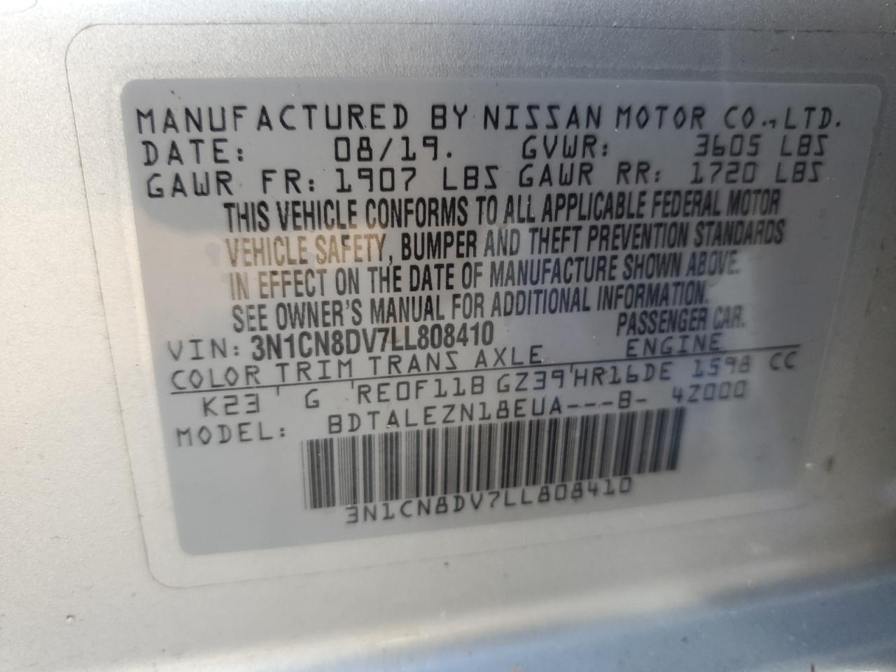 Lot #2974766093 2020 NISSAN VERSA S