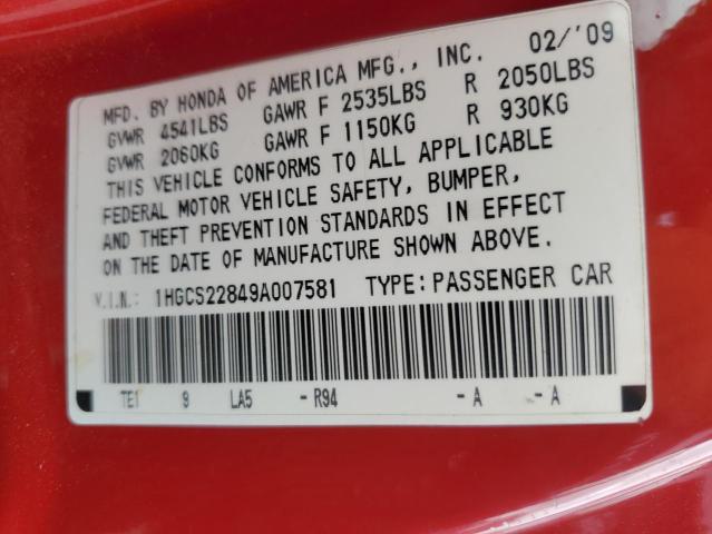 2009 HONDA ACCORD EXL 1HGCS22849A007581  71921614