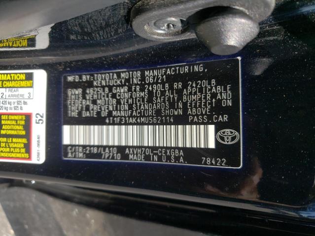 VIN 4T1F31AK4MU562114 2021 Toyota Camry, Xle no.12