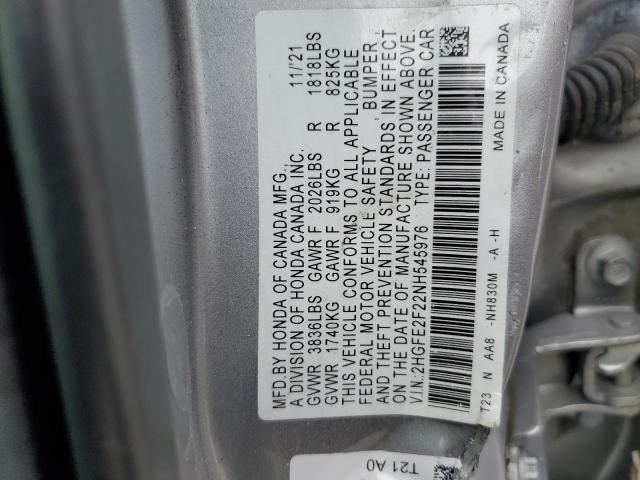 2022 HONDA CIVIC LX 2HGFE2F22NH545976  72135944