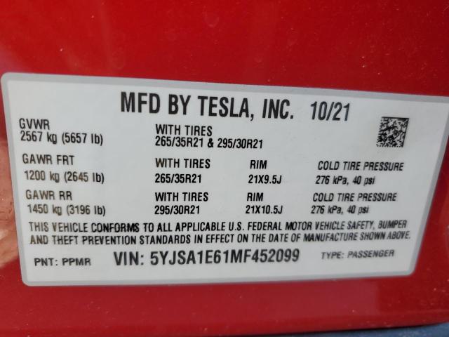 2021 TESLA MODEL S - 5YJSA1E61MF452099