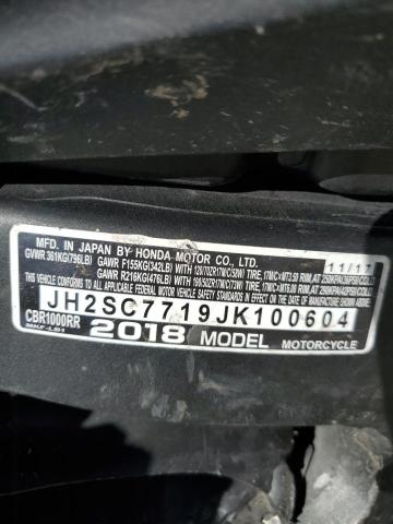JH2SC7719JK100604 2018 HONDA CBR CYCLE