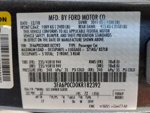 VIN 3FA6P0CD0KR182392 2019 Ford Fusion, Sel no.12