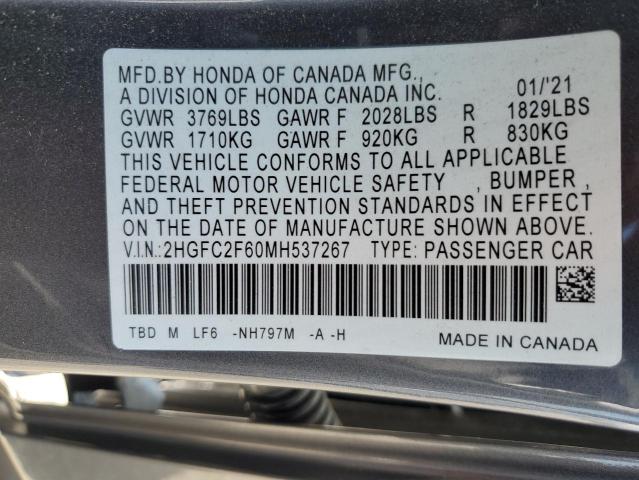 VIN 2HGFC2F60MH537267 2021 Honda Civic, LX no.12