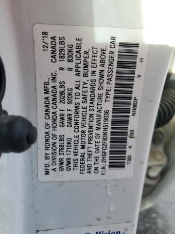 VIN 2HGFC2F83KH519036 2019 Honda Civic, Sport no.12