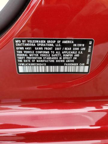 2019 VOLKSWAGEN PASSAT WOL - 1VWLA7A38KC002413