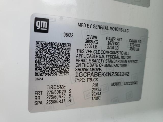 2022 CHEVROLET SILVERADO - 1GCPABEK4NZ561242