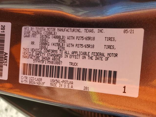 2021 TOYOTA TUNDRA CRE - 5TFHY5F17MX018887